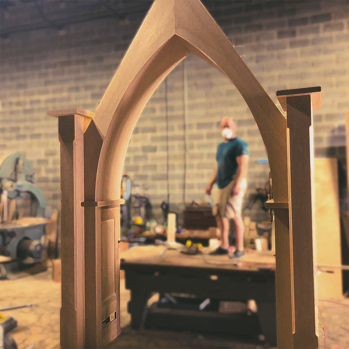 handcrafted church lectern, chairs, arch, and custom wood workin