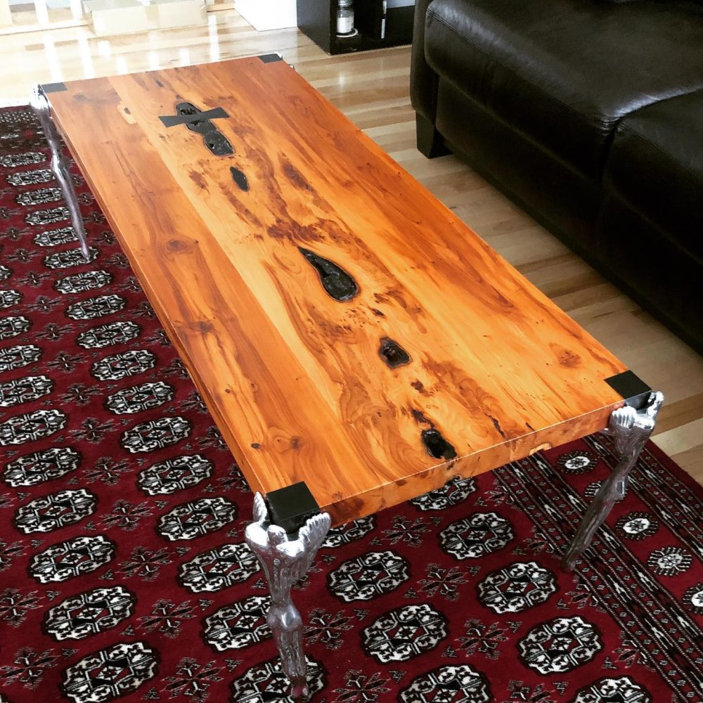English yew coffee table with aluminum legs complete! top
